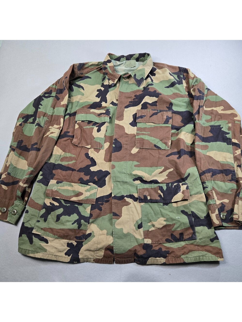 Vintage US Army Woodland BDU Shirt Large X Long Combat Camo Jacket USA 90s